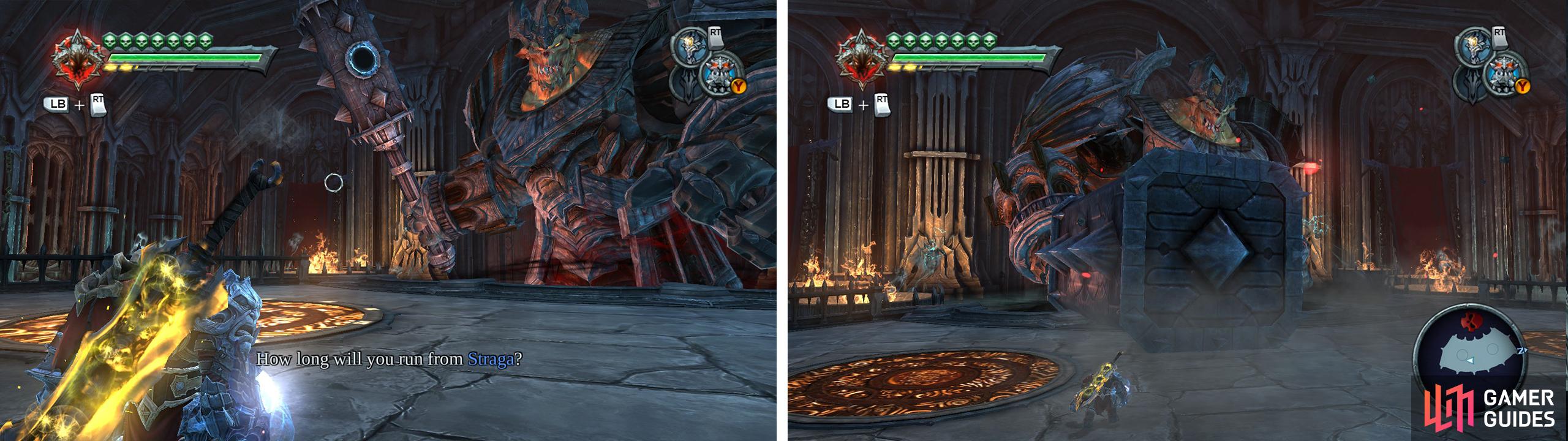 Place a portal on Straga’s hammer (left) and use the portal pad on the floor to teleport up to his weak spot. Avoid all of his other attacks by dashing or double jumping (right).