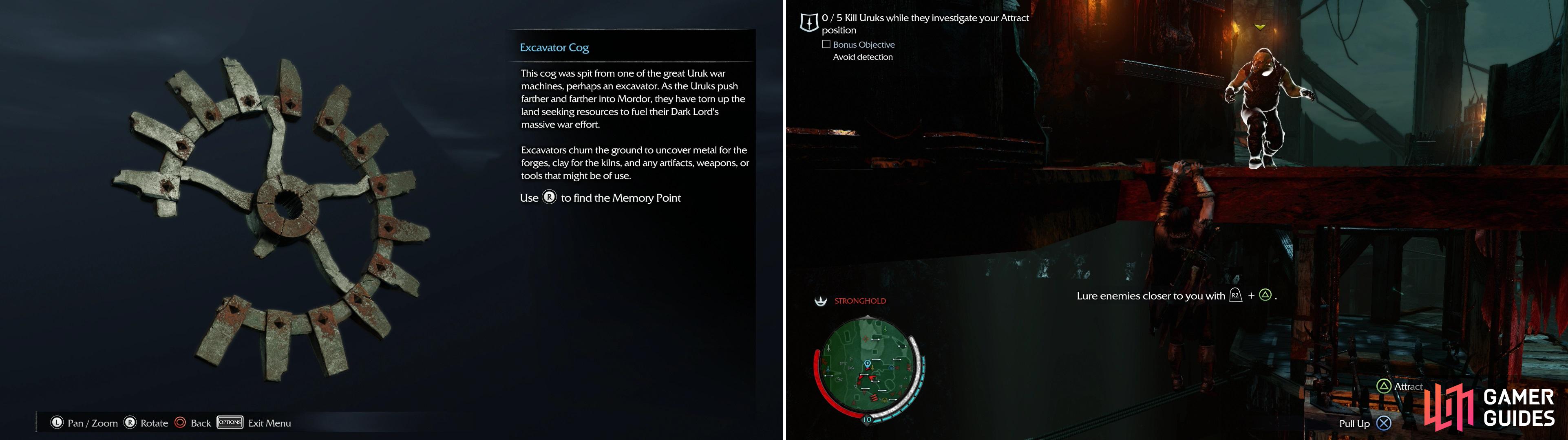 In the East Garrison you can find the Excavator Cog Artifact (left), and test your Attract/Ledge Kill skills in the “Deathly Whisper” Dagger Mission (right).