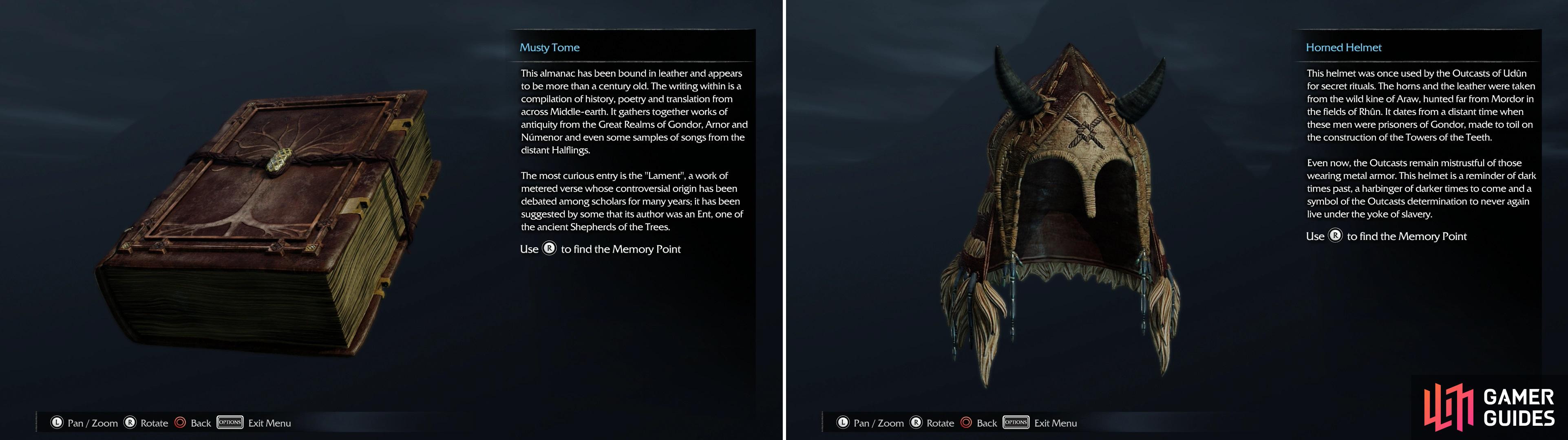 More Artifacts lie in the West Garrison, including the Musty Tome (left) and the Horned Helmet (right). Unfortunately for our own safety, Talion is too cool to bother with helmets.