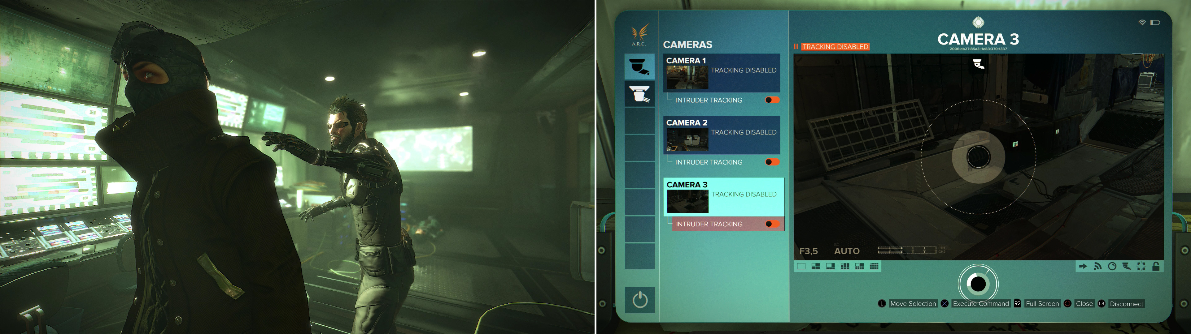 Dispatch the ARC Soldiers in the security room (left) and disable the cameras on the level (right).