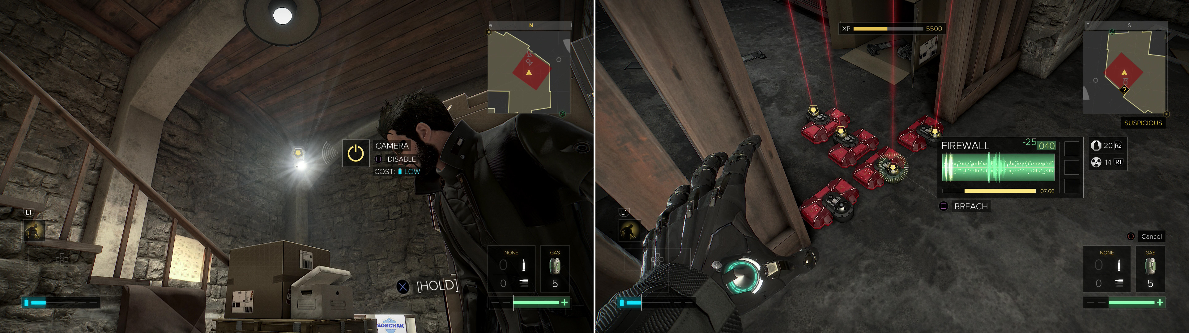 In the basement of Sobchak Security you’ll need to hide from a security camera (left) and disable some Frag Lasers (right).