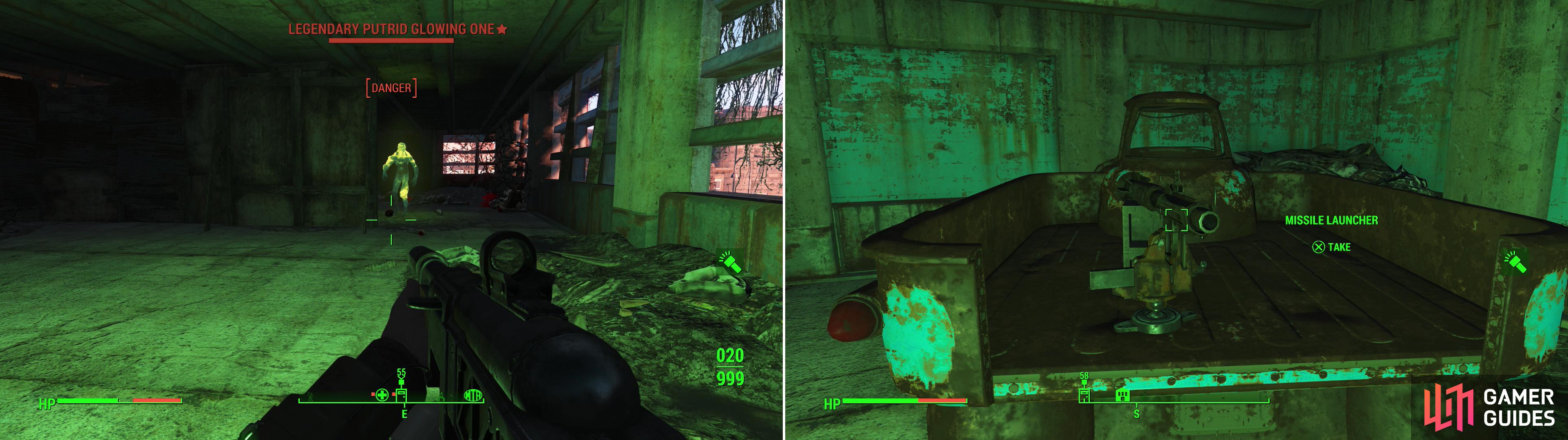 On the third floor your progress will be opposed by Feral Ghouls, including a Glowing One (left). To get here, however, you’ll need to navigate past a Tripwire rigged to a Missile Launcher. Ouch (right).