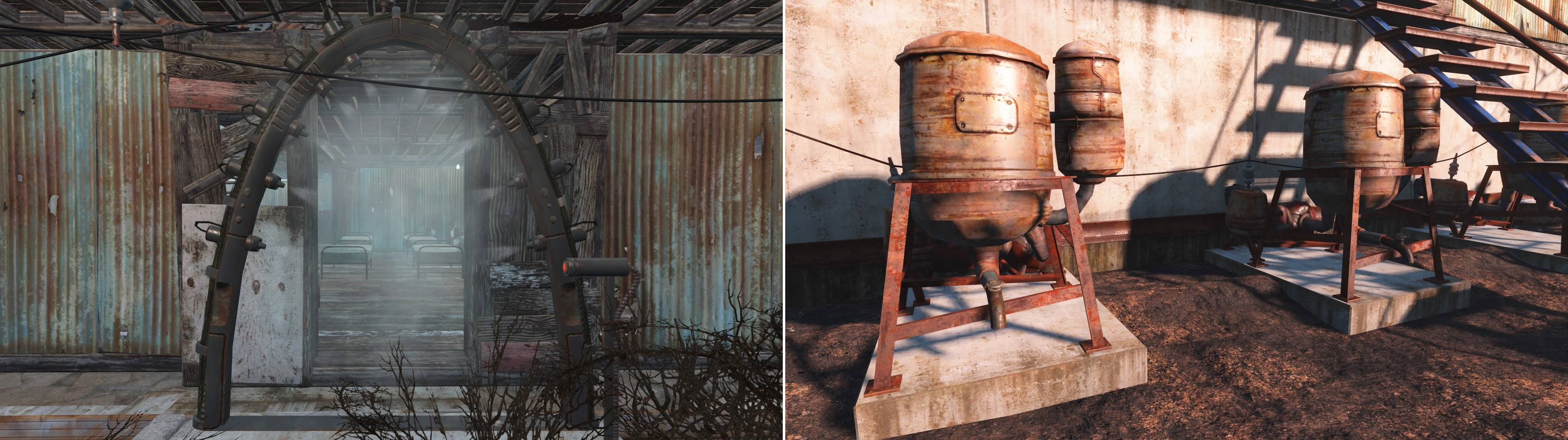 Decontamination Arches will remove all your RADs, free of charge! (left) Powered Water Pumps give you more Water than normal Water Pumps (right).