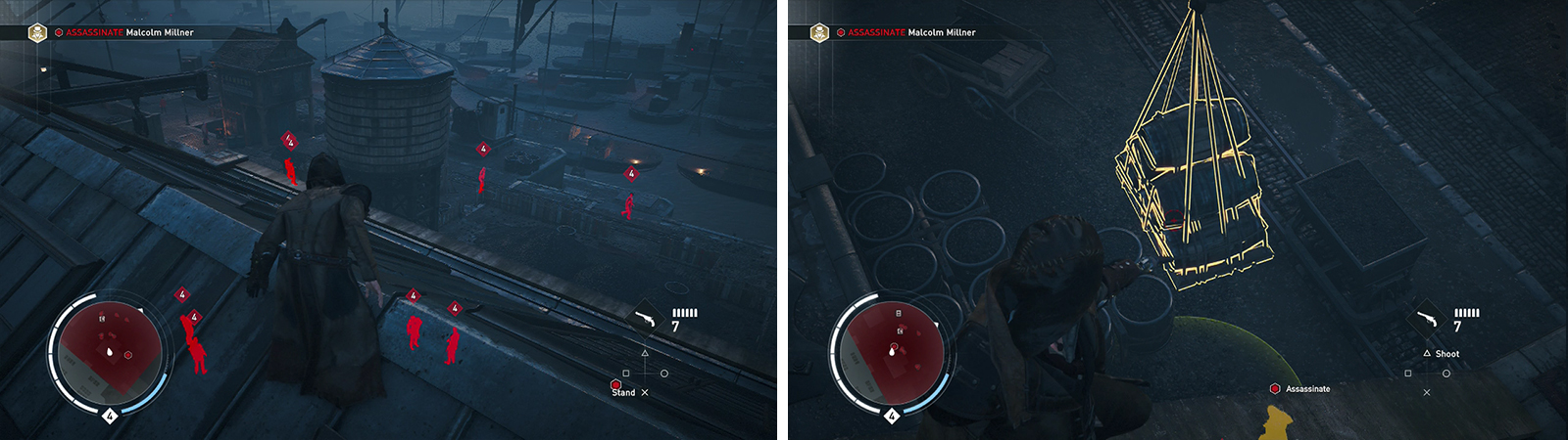 The area is heavily guarded so its best to assassinate from a rooftop (left). You can also use hanging barrels (right) to kill the target.