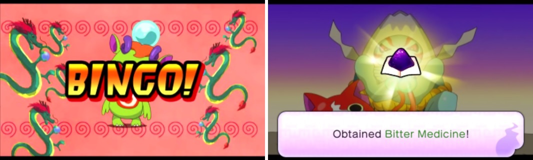 Although the outcome of the Bonus Scenes are random, getting a Bingo (left) will always give you an item (right).