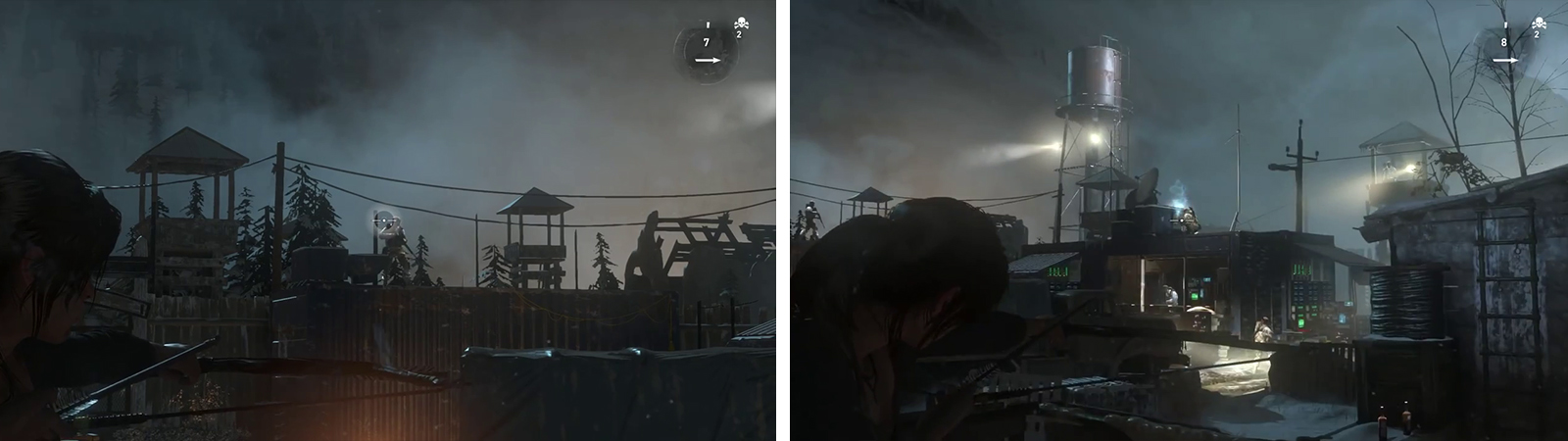 Take out the lookout on the raised walkway first (left) before focusing on the other enemies (right).