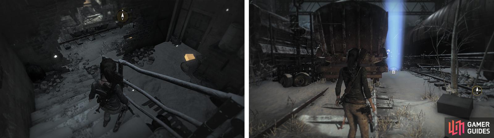 At the bottom of the stairs you’ll find Relic 08 (left). In the train yard you’ll find Survival Cache 09 (right).