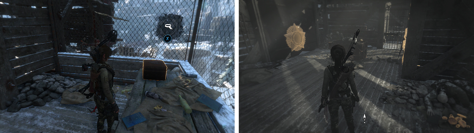 After entering the building you’ll find Relic 16 on a desk (left) and Mural 11 on a wall opposite a rope barrier (right).