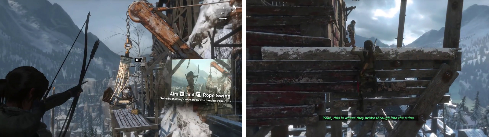 Use a Rope Arrow on the hanging log to swing across the gap (left). Stealth kill the guard at the top of the platforming section (right).