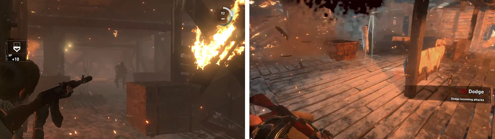 Fight your way through the burning building (left) until you reach the top. When fighting the shield enemies use Molotovs/grenades or lead them through fire to defeat them (right).