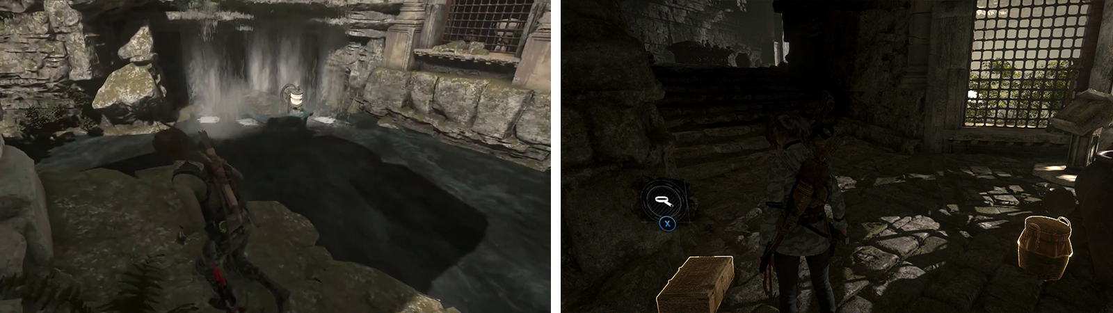 The second boat can be found behind the waterfall (left). In the room with the Codex, there are other collectibles including Relic 07 (right)