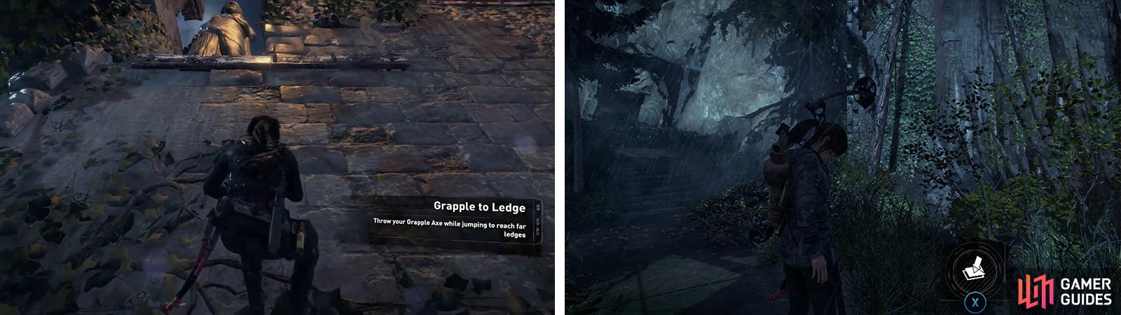 Use the grapple axe to climb to the top of the wall (left). On the other side, look by the spiked wall for Survival Cache 15 (right).