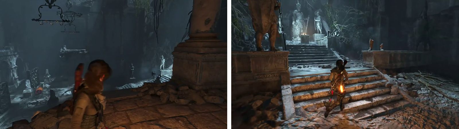 Swing across the rafters to a passage on the far side for Document 03 (left). Approach the artefact to continue (right).