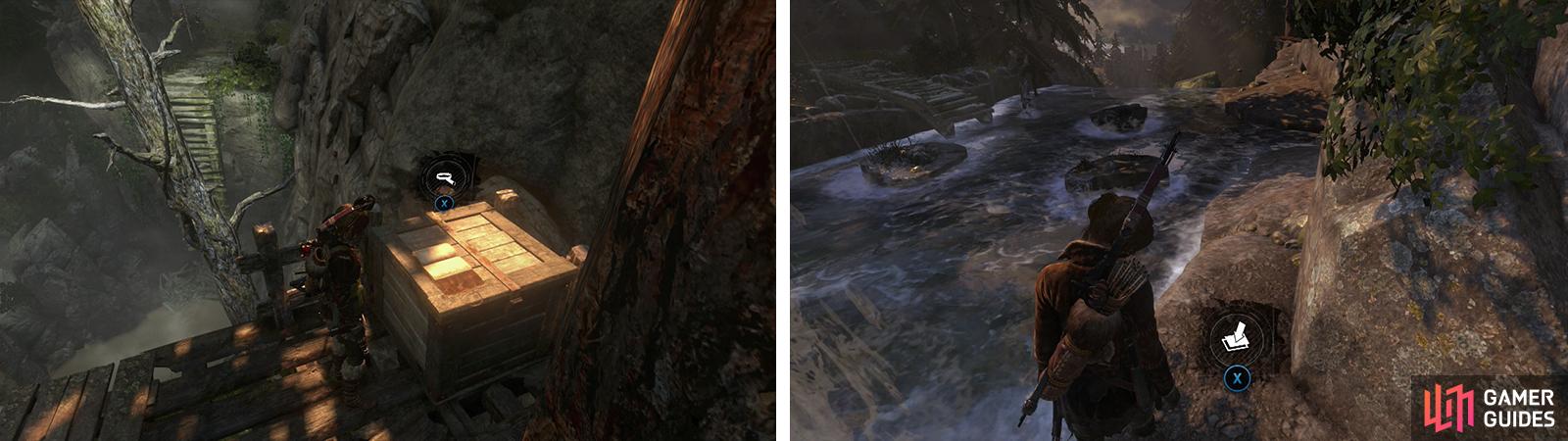 Before crossing the broken bridge, grapple axe up to the wooden platform for a Document 29 (left). Near the waterfall, you’ll find Survival Cache 17 (right).