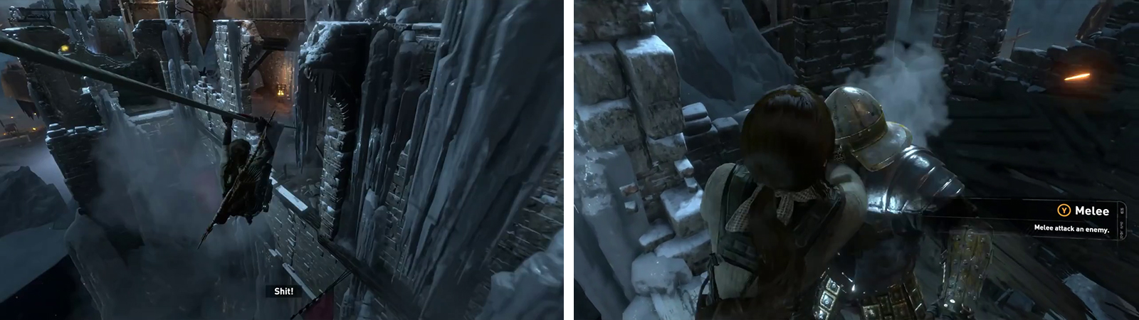 Zipline down to the wall (left) and climb to the top. Mash the melee button during the scene (right) to continue.