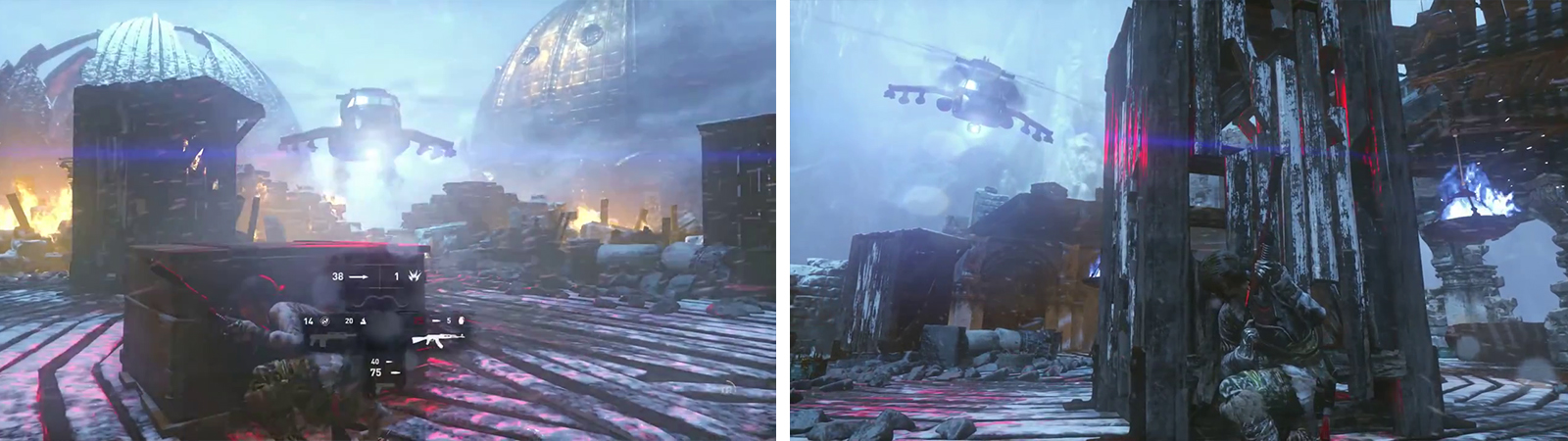 The third time around, the helicopter will destroy most of the rooftop (left). Ensure that you transition between sections of cover at this point to avoid its fire (right).