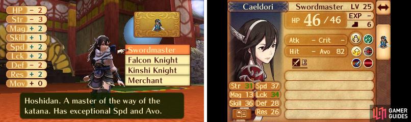 Reclassing Caeldori. Note the stat changes that happen.