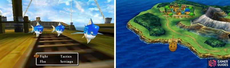 There will be random encounters while sailing (left). Your destination is the island with Ballymolloy (right).