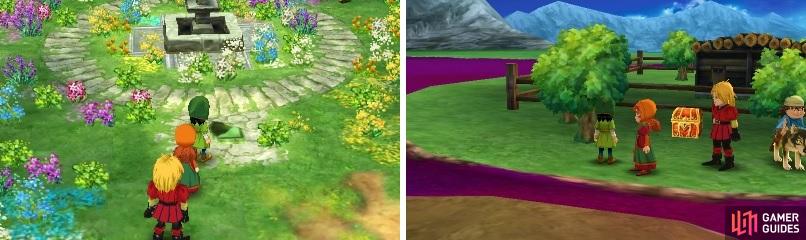 The Green Fragment is on the ground and can be a little difficult to see (left). Grab the chest behind the inn on the overworld (right).