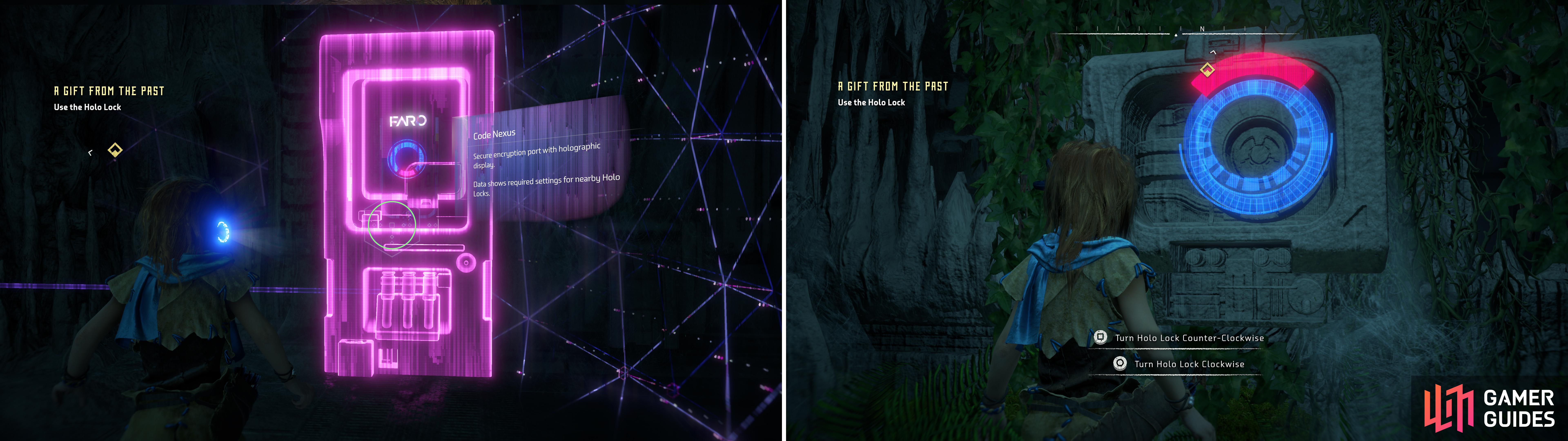 Use your Focus to find the Code Nexus (left) which shows the shape you need for the Hololock (right).