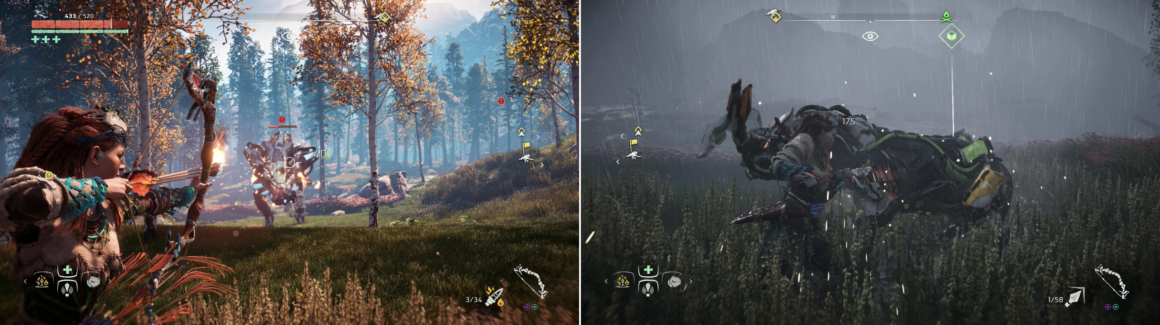 You can target the vulnerable Cargo Sac and Gullet of the Freeze Bellowback, or you can just pelt them with Fire Arrows (left). Broadheads, much like Chargers, are smaller herbivore-mimics that can be dispatched with Silent Strike (right).