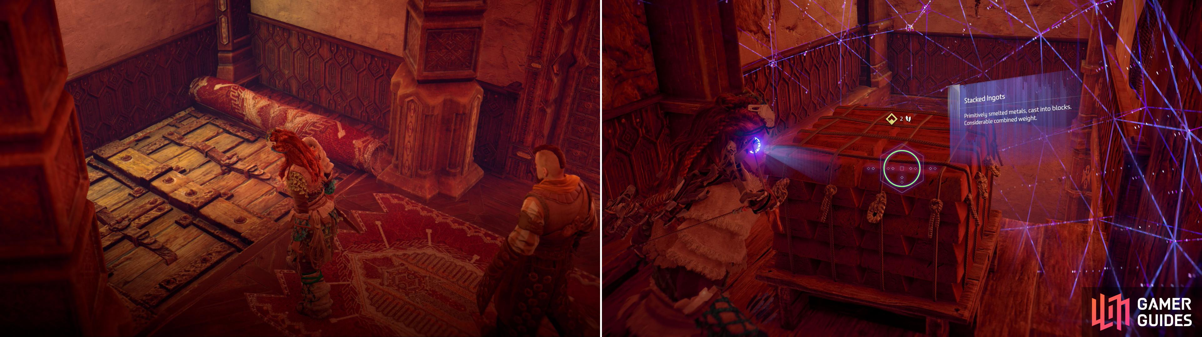 Search a carpet in the corner of the bottom floor to uncover a trap door (left), then head upstairs to find a “key” (right).