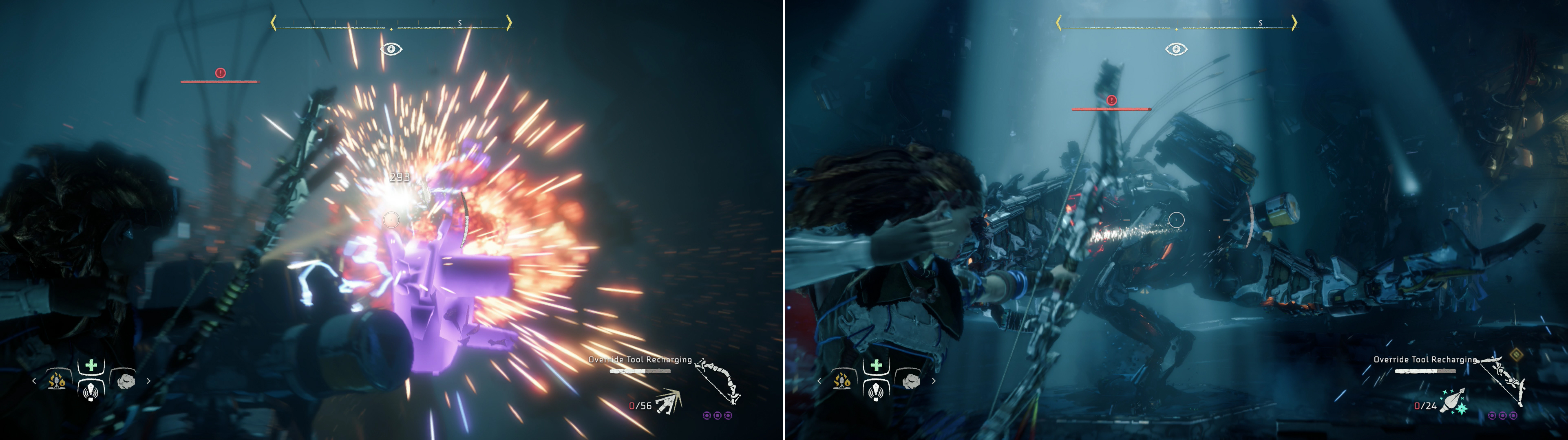 Shoot off the Thunderjaw’s Disc Launcher (left), then pelt it with Freeze Arrows until it’s frozen (right).