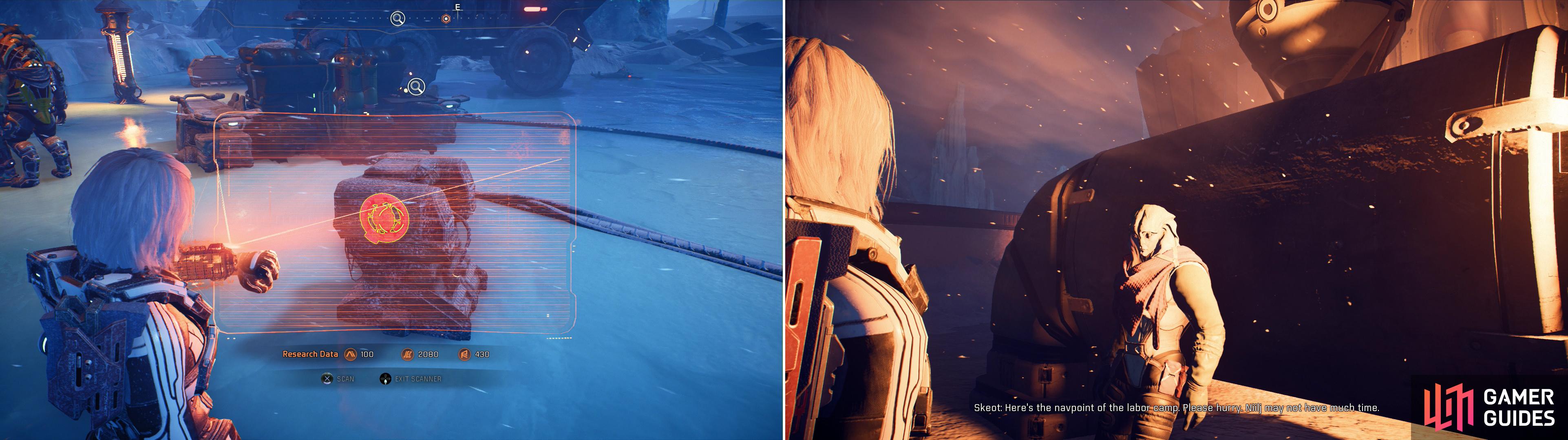 A variety of quest-related objects may randomly spawn at Kett camps on Voeld, like this Angaran Bug (left). Drive to Hjara Station and talk to Skeot to start the quest “Stage a Rescue” (right).