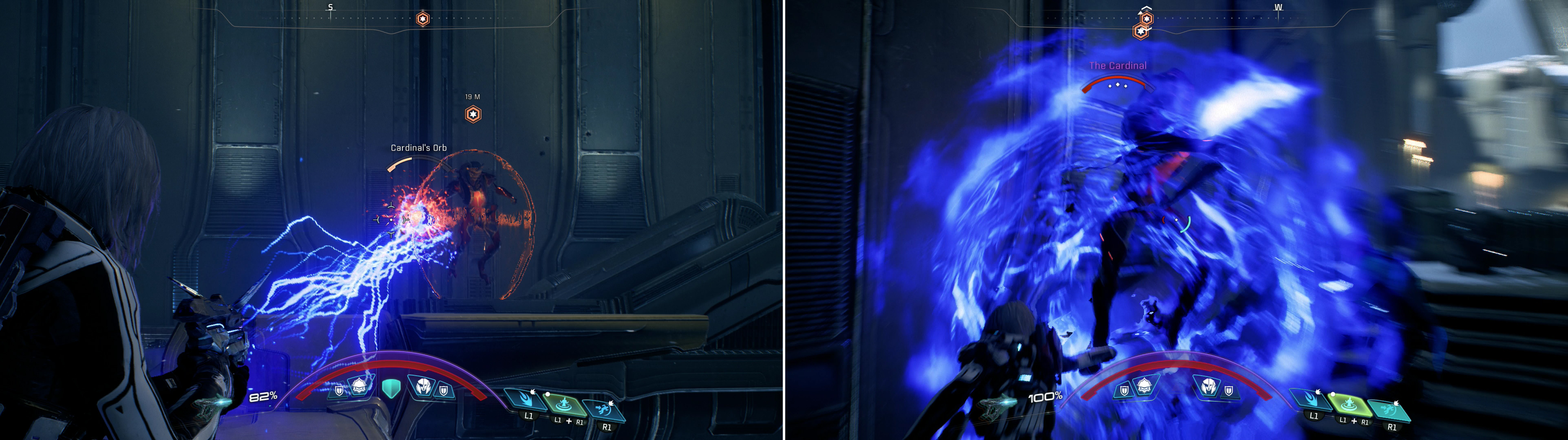 Attack the Cardinal’s Orb (left) from a distance to bring down her barrier, then close in and deal as much damage as you can while she’s vulnerable (right).