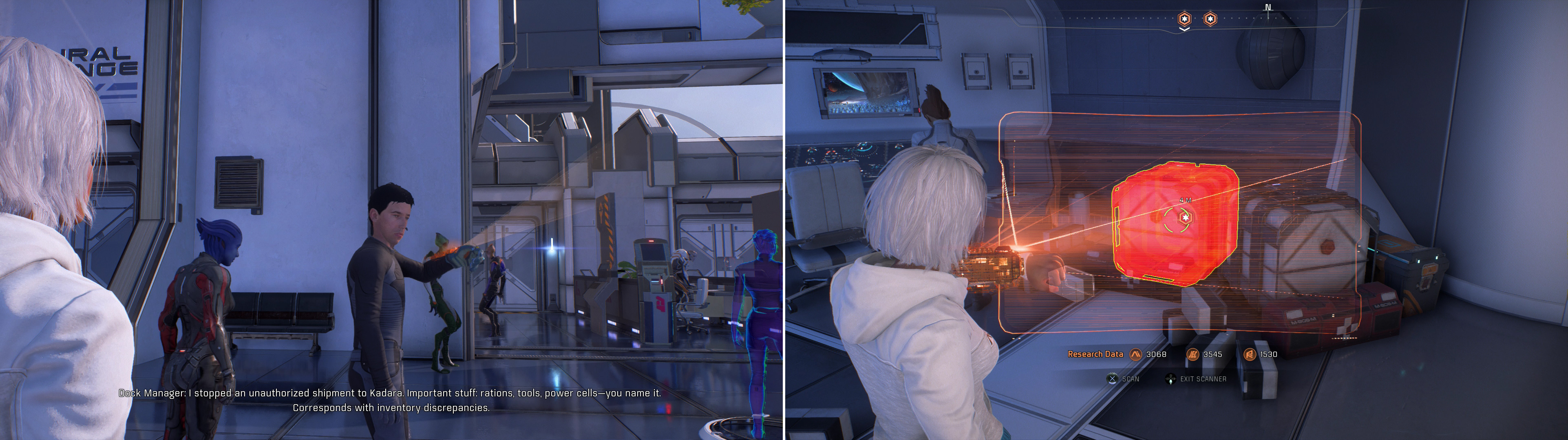 Talk to the Dock Manager on the Nexus to learn about some inventory discrepancies (left). Search around the Nexus and scan the stolen goods (right).