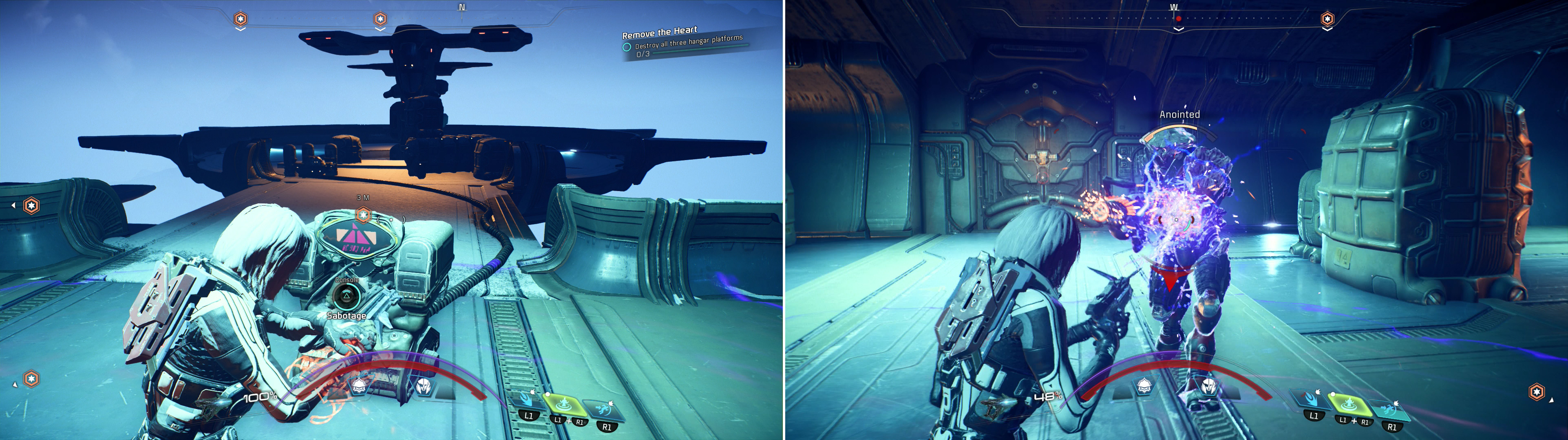 Activate consoles to destroy the base’s Hangar Platforms (left) but be wary, as Kett will spawn as you activate the consoles (right).