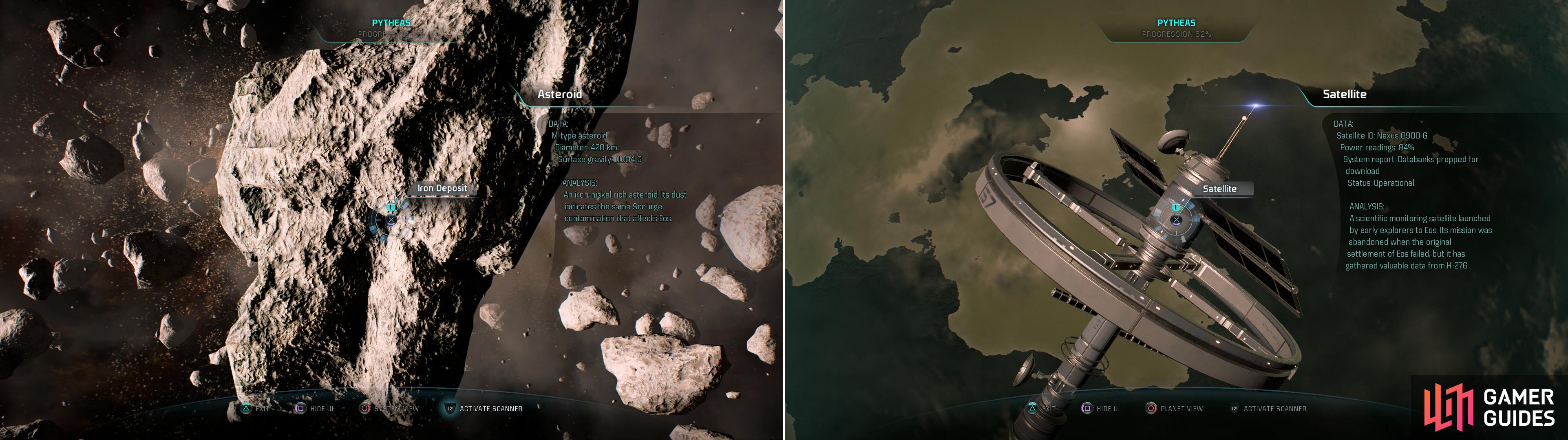 Scan an Asteroid to nab some iron (left) while orbiting H-276 you’ll find a Satellite (right).