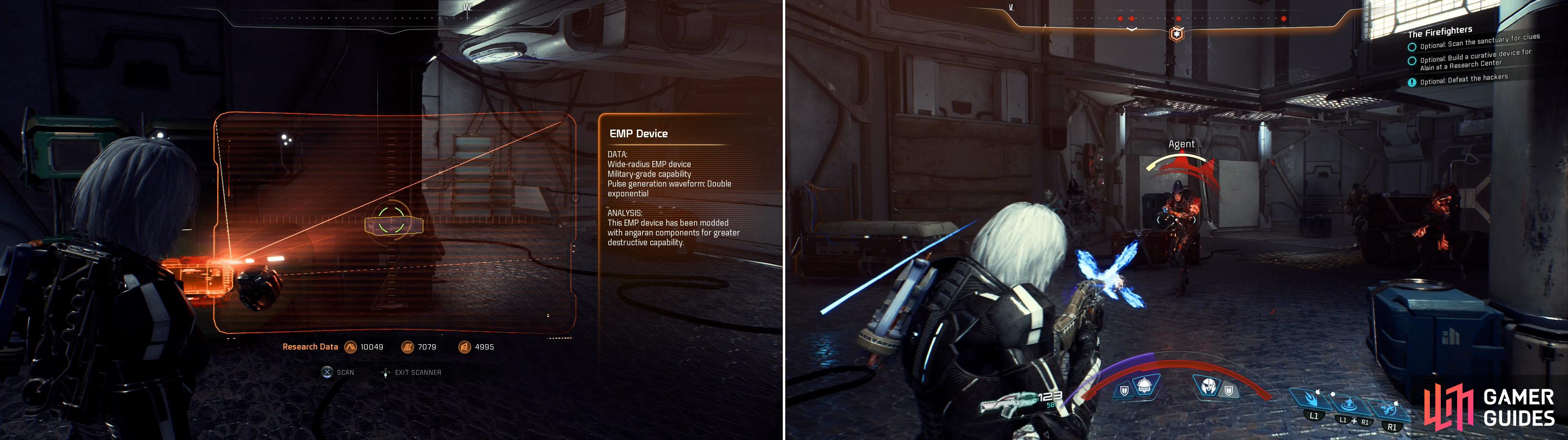 If you scan too many objects in the sanctuary (left) you’ll expose yourself and provoke the anti-AI fanatics (right).