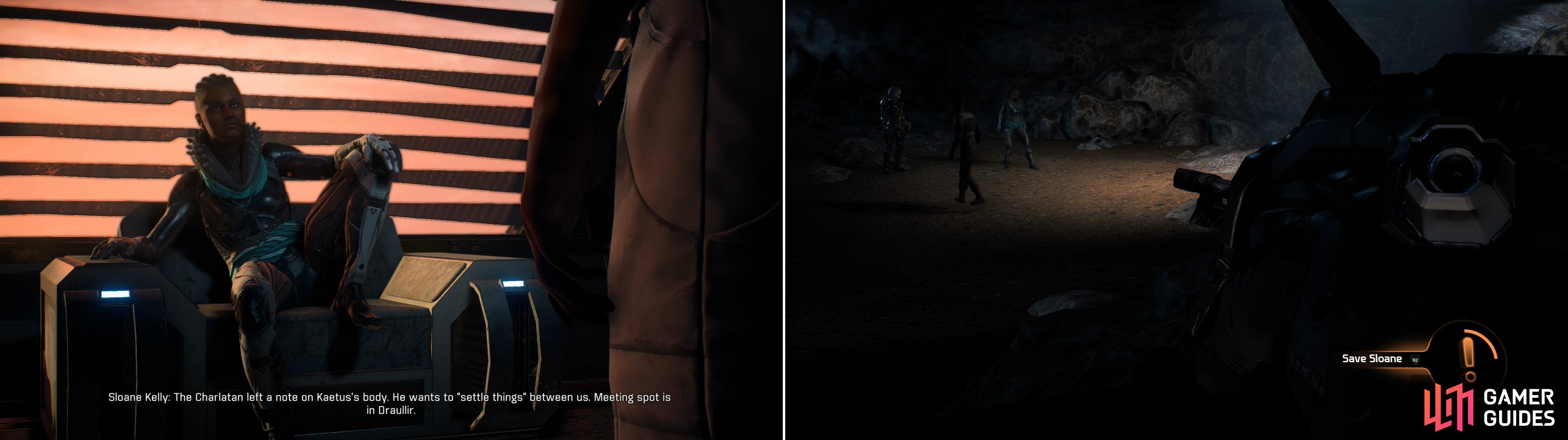 Talk to Sloane Kelly to learn that the time for a showdown between her and the Charlatan has arrived (left). During the stand-off you’ll get an opportunity to interrupt, and hence play kingmaker on Kadara (right).