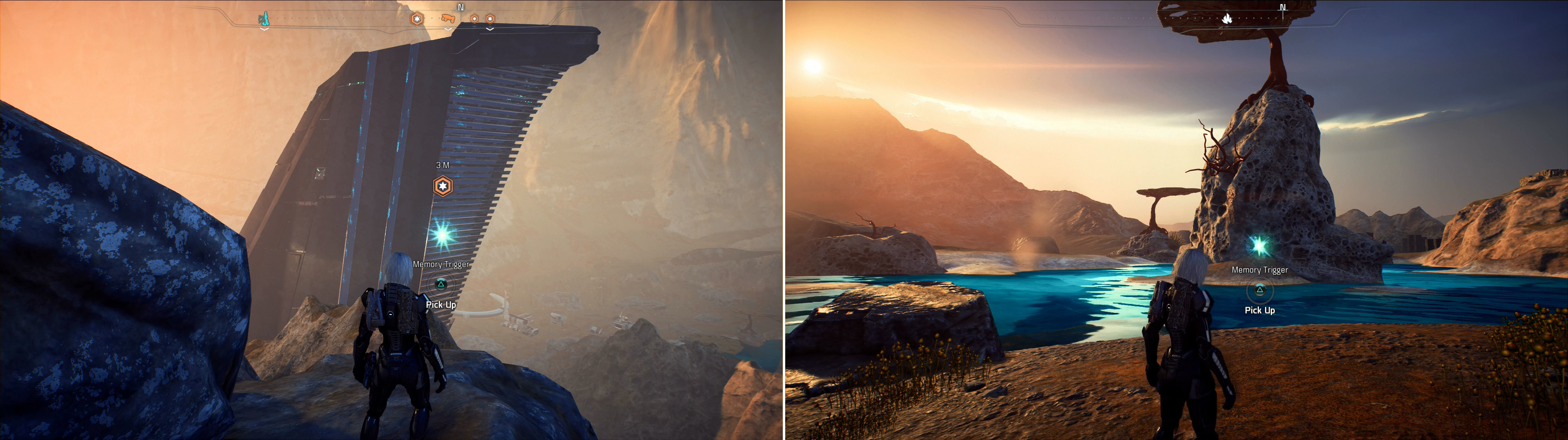 Find one Memory Trigger near a monolith (left) while another can be found on the southern shore of the lake in Kurinth’s Valley (right).