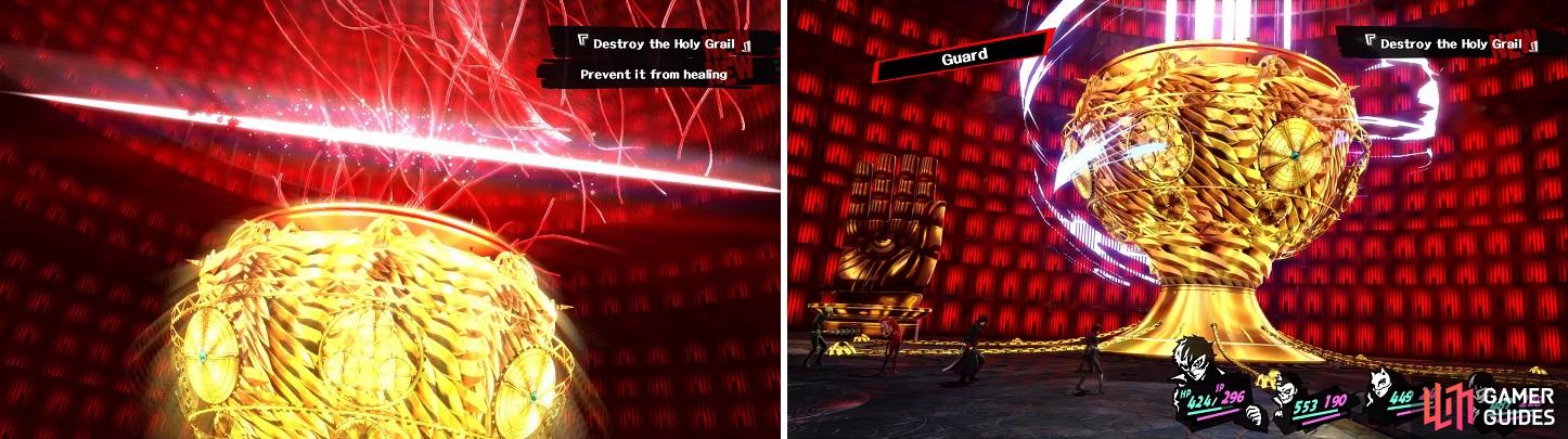 You won’t be able to progress in the fight until you cut the lines (left). Make sure to guard when the Holy Grail is charging for its ultimate attack (right).