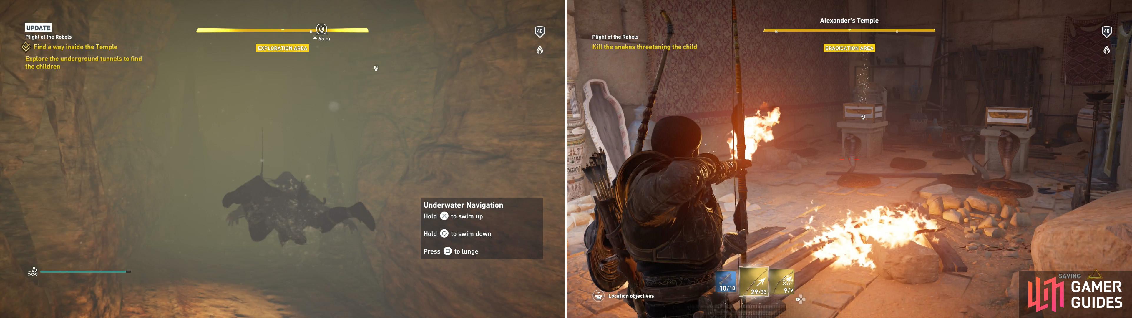 Swim through a submerged tunnel (left) then kill the cobras in Alexander’s Temple (right).