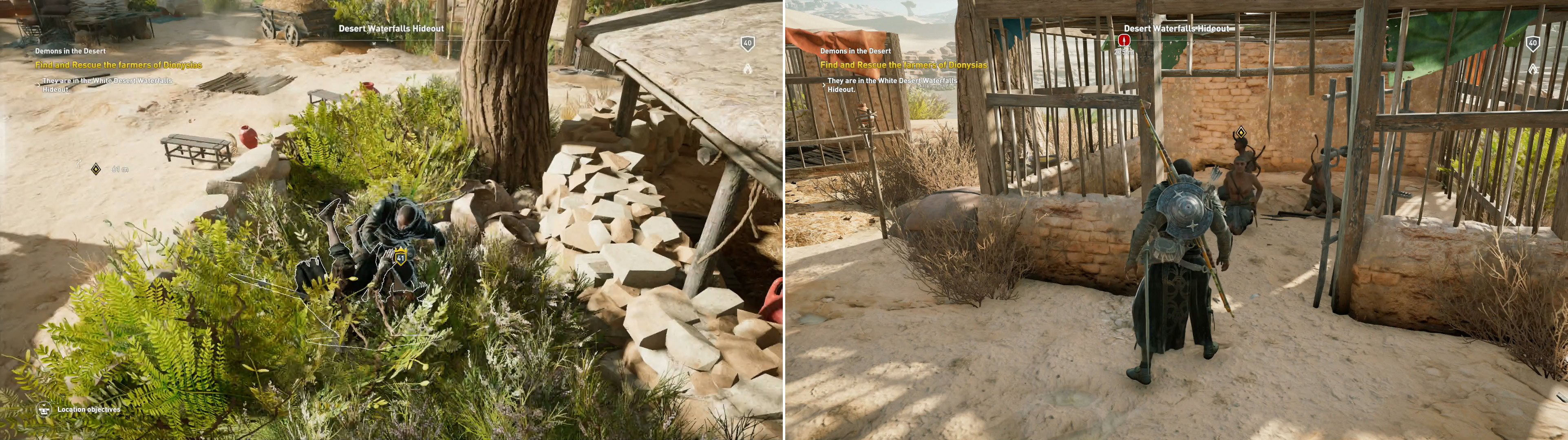 The Desert Waterfalls Hideout’s ample foliage makes clearing it a simple matter (left), after which you’ll need to free the captive farmers (right).