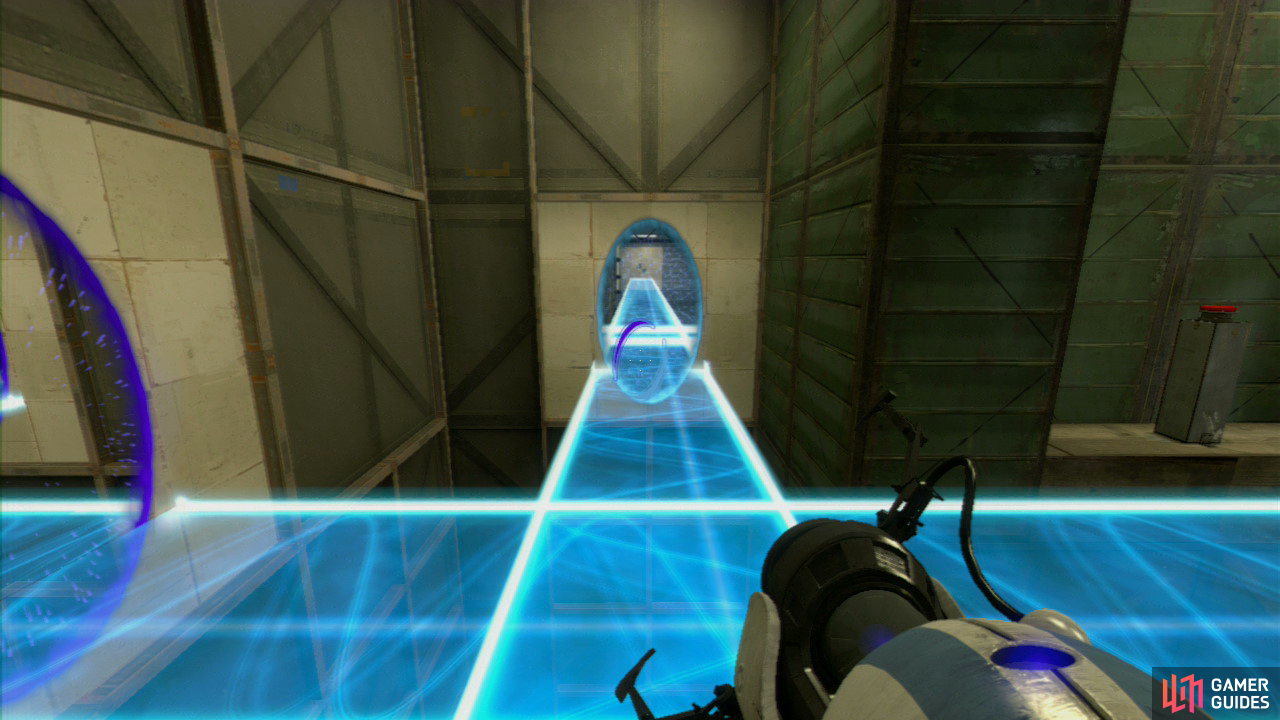 Player 1: Once you’re standing on the light bridge, turn left and at the bottom, set a portal on both of the wall panels down here. This’ll allow player 2 to traverse to the other side, past the force field. In preparation, stand right beside the red button, getting ready to press it.