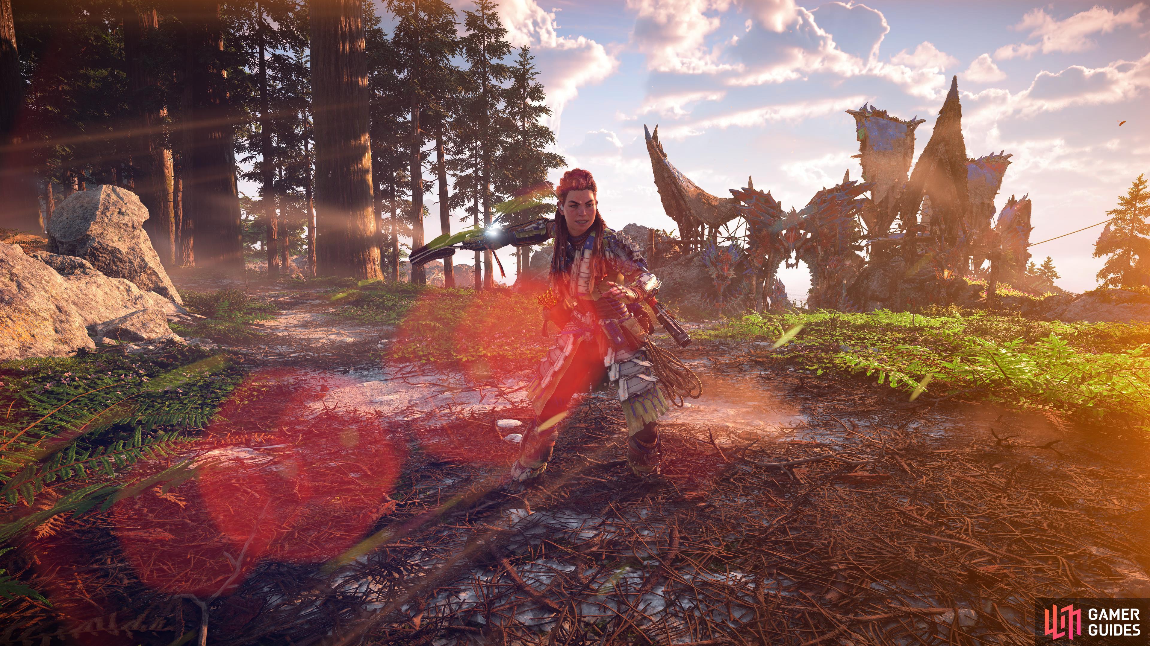 Aloy tests out her new Ripsteel Shredder Gauntlet.