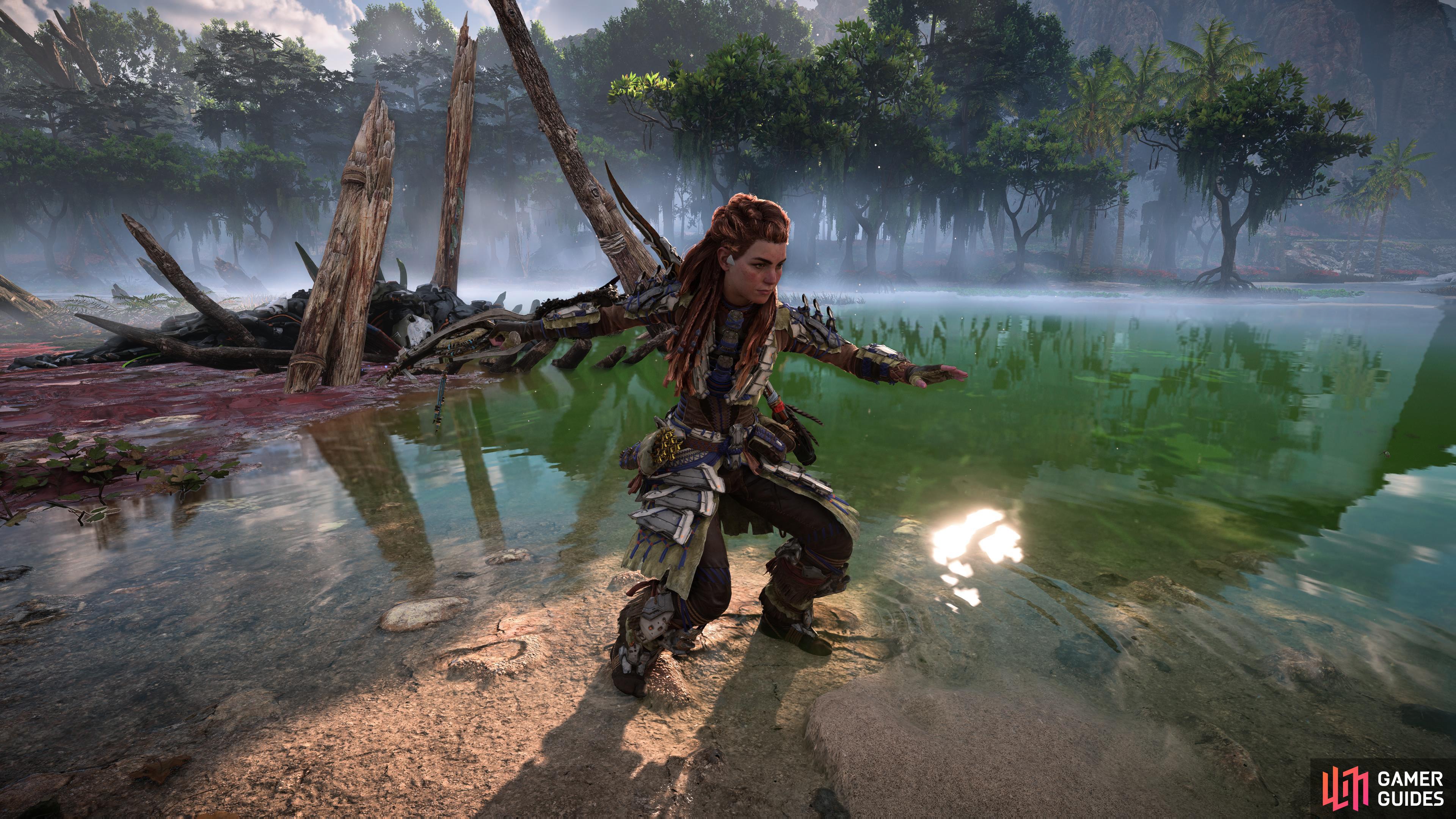 Aloy tests out her new Thunderbolt Shredder Gauntlet. 