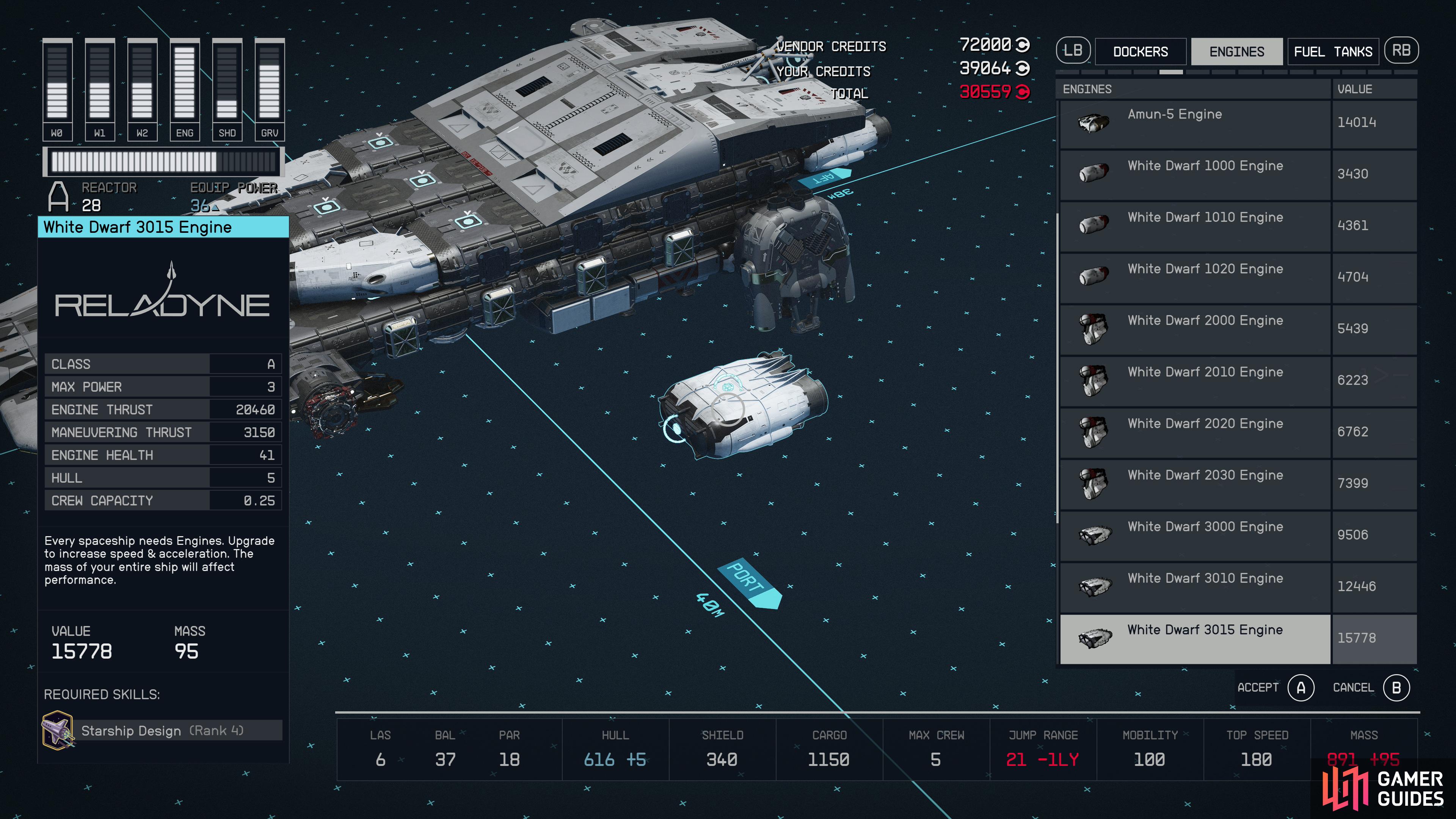 Engines generate engine thrust and maneuvering thrust, which increase your top speed and mobility, respectively. Both are negatively impacted by your ship’s mass.