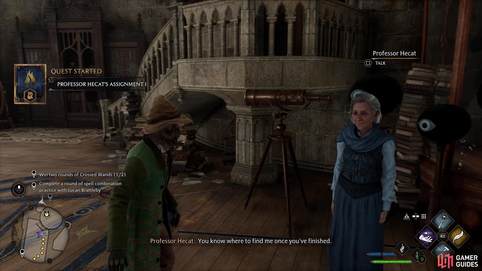 Fast travel to the “Defense of the Dark Arts” Floo Light to arrive outside the aforementioned classroom. Start Professor Hecat’s Assignment 1 by talking to her on the far right-hand side of the room. 