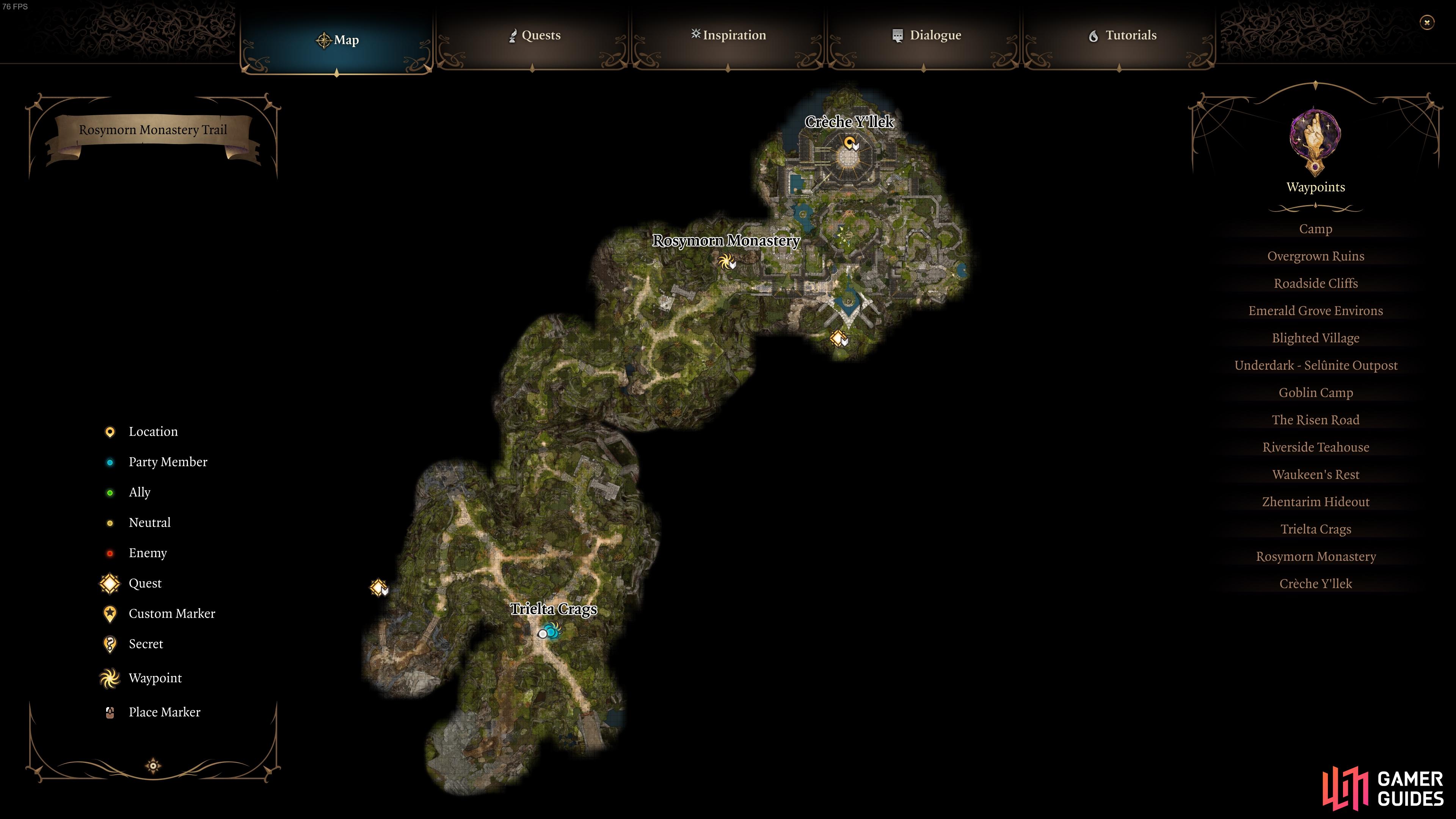 A map of the Mountain Pass, showing the Trielta Crags in the south, with the Rosymorn Monastery and Githyanki Creche in the north.