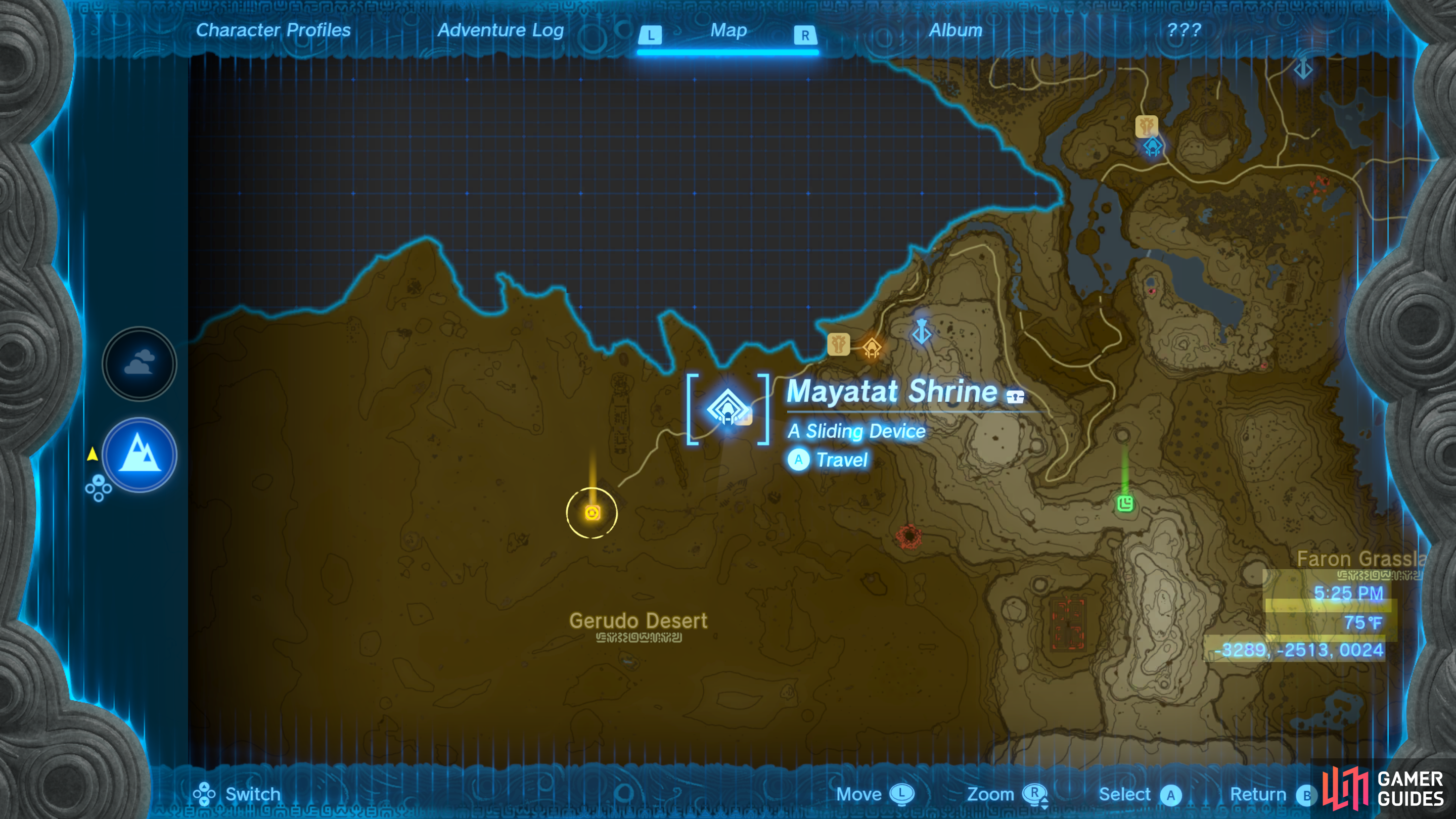 Mayatat Shrine can be found near the Kara Kara Bazaar, midways between the Gerudo Canyon Skyview Tower and Gerudo Town.