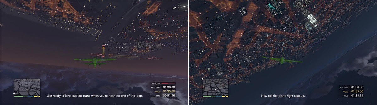 Keep a watchful eye on the stunt meter as you do the loop. You must keep it going until Jackson tells you to level out (left). Watch the stunt meter to know exactly when you’re fully inverted and then simply do a barrel roll from this position to execute the roll off the top successfully (right).