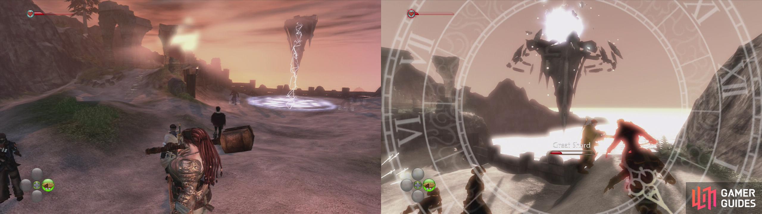 The great shard will summon wave upon wave of enemies (left). To damage it, you need to shoot it or throw spells at it when the white crystal appears (right).