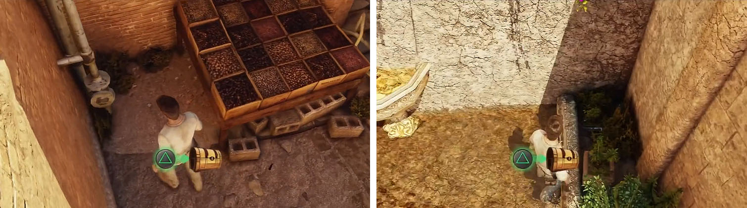 Get the treasure by the fruit stand (left) and the market fountain (right).