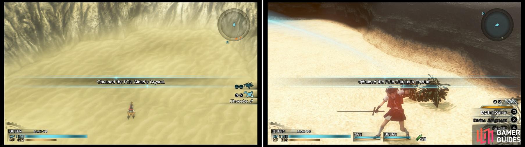 Besides towns, you will also find l’Cie Crystals on the overworld (left) and in dungeons (right).