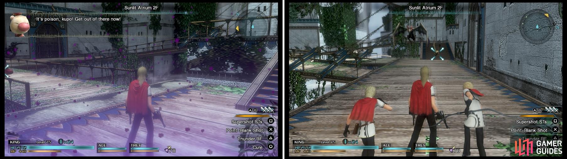 This area is filled with poison, making you lose damage whenever you move (left). Upon leaving, you will be back to normal (right).